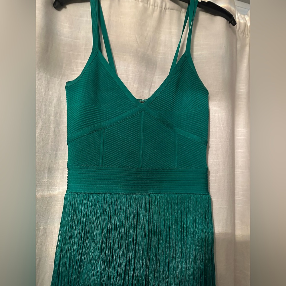 Herve Leger Green Strappy Ottoman Fringe Gown - Picture 4 of 8